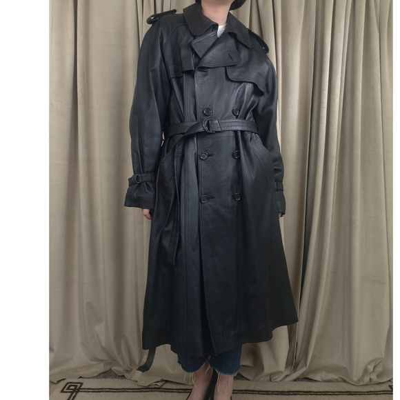 Vintage Jackets & Blazers - Vintage Black Genuine Leather Double Breasted Trench Coat